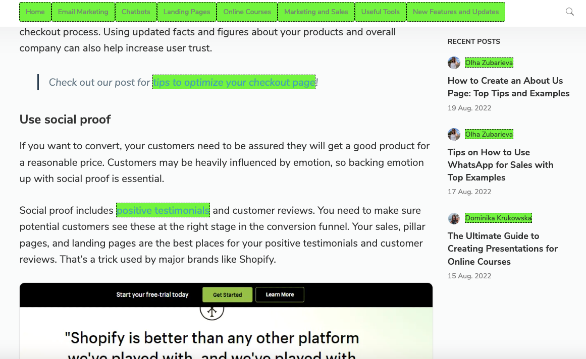 Linkparser'dan bir web sitesi sayfasındaki dofollow bağlantılarına yeşil renkler