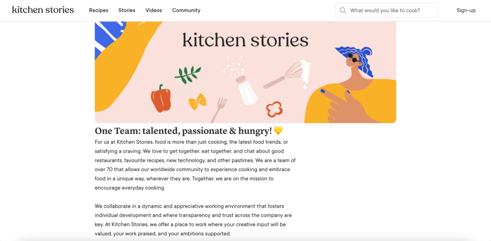 O design da página nossa equipe da KitchenStories dá mais detalhes dos valores da marca