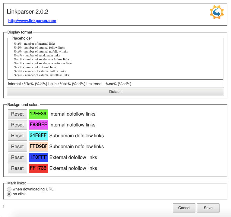 Option menu of Linkparser