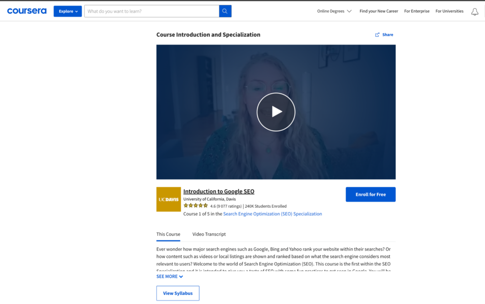 Coursera'da öğrencilerin SEO alanına daha fazla ilgi duymalarına yardımcı olan bir giriş kursu