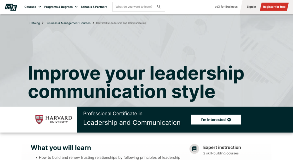 O curso de especialização da edX fornece informações detalhadas sobre o estilo de comunicação de liderança