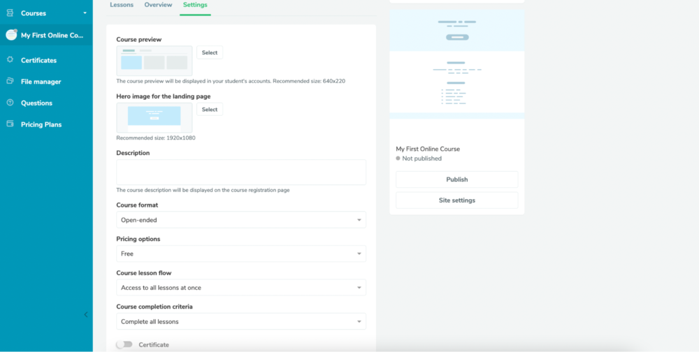 Configure as opções do seu curso na guia 