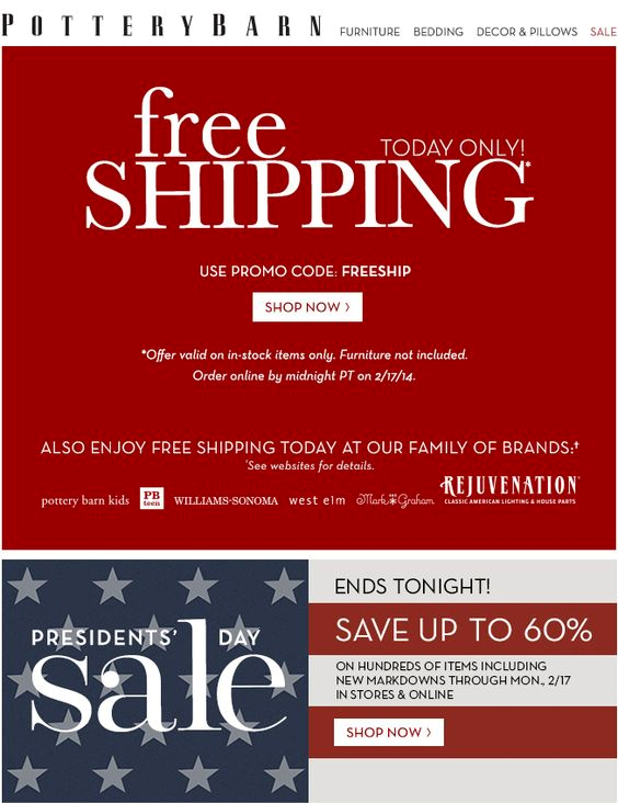 Pottery barn free on sale furniture shipping