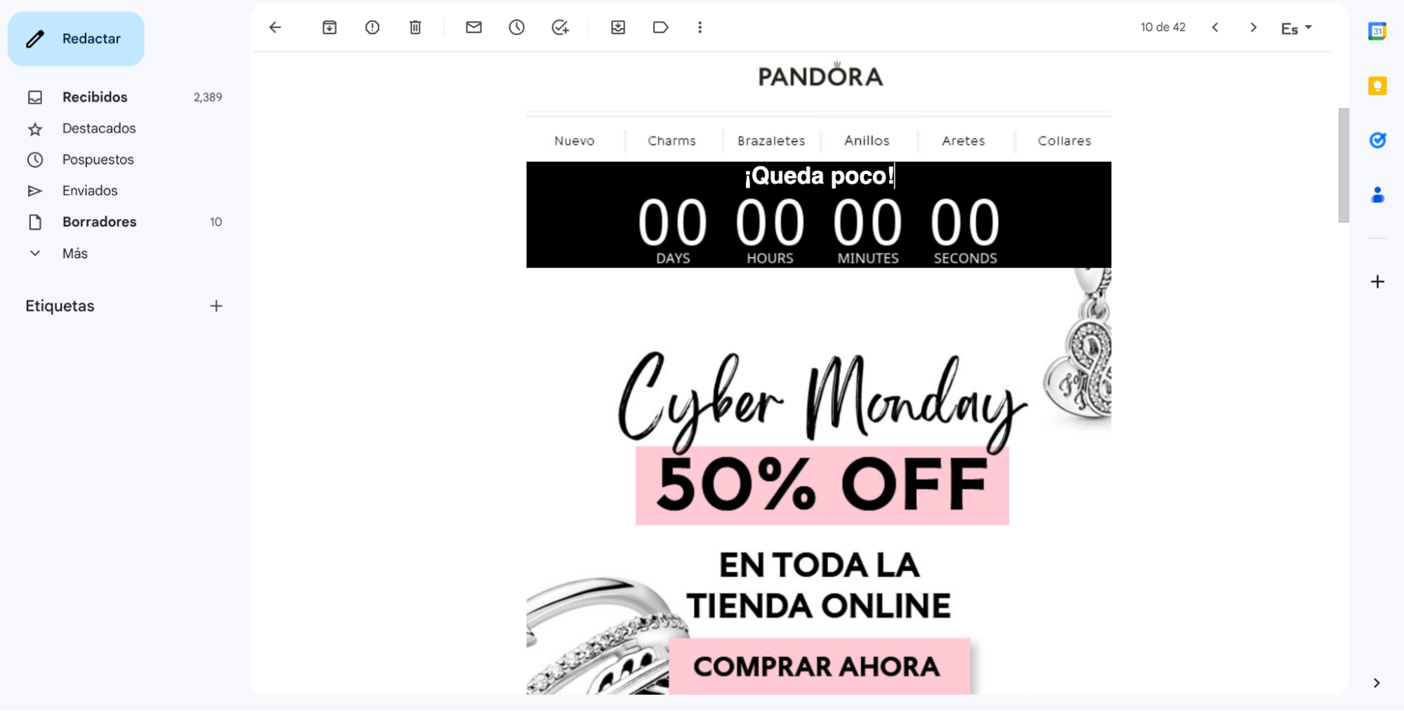 Campaña de Pandora para el Cyber Monday 2022