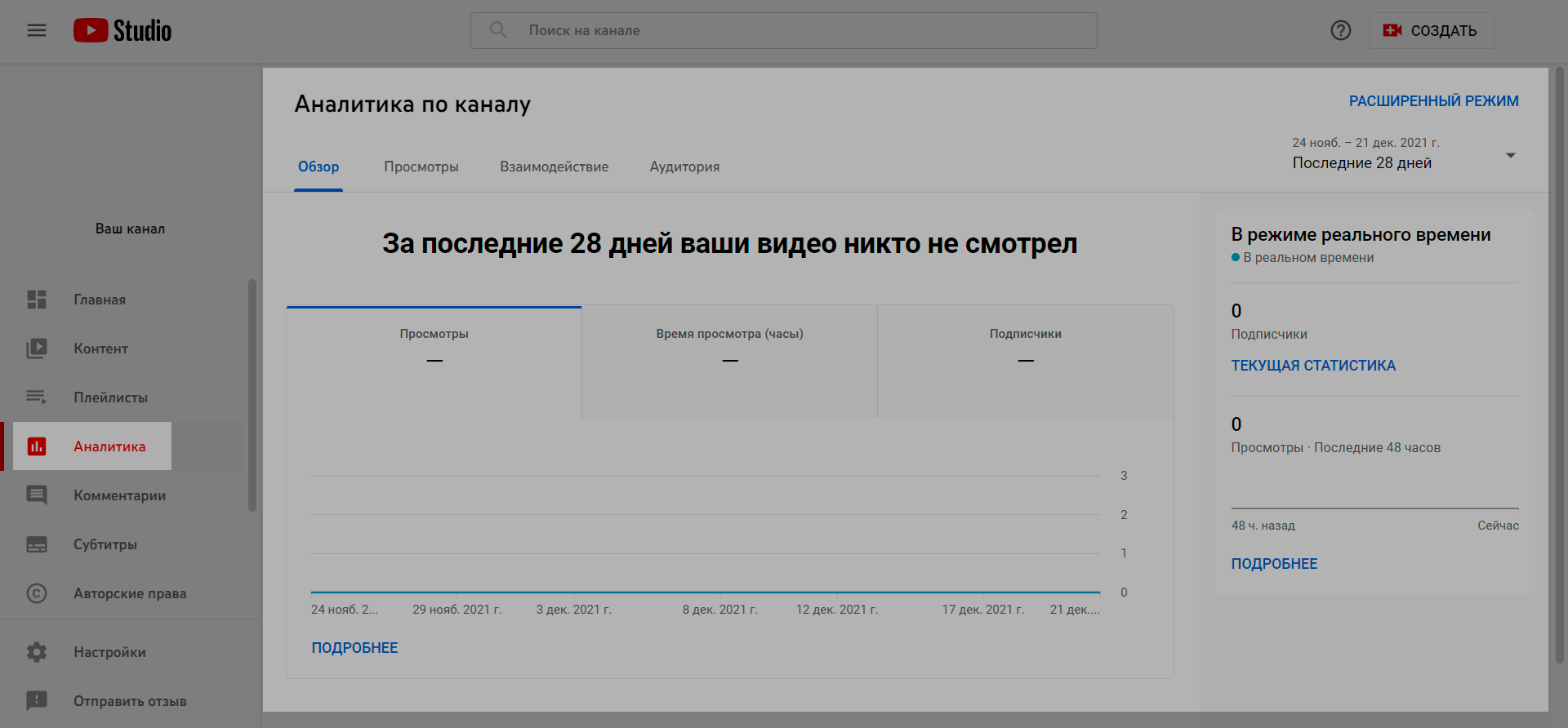 Раздел «Аналитика» в «Творческой студии Ютуб»