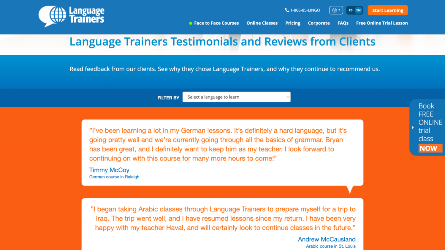 Language Trainers apresentando depoimentos de alunos altamente pessoais