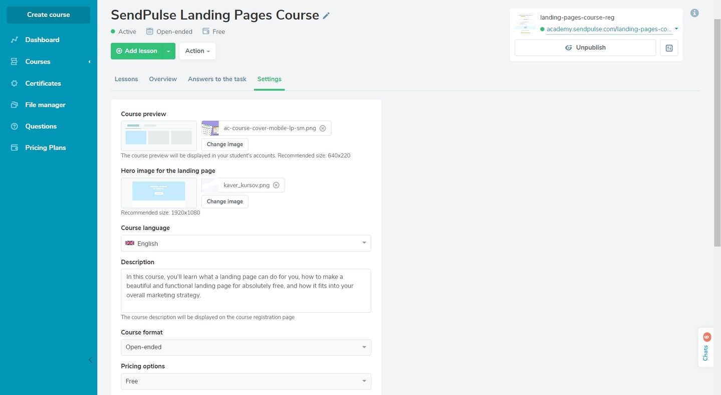 Settings of a landing page Settings of a landing page