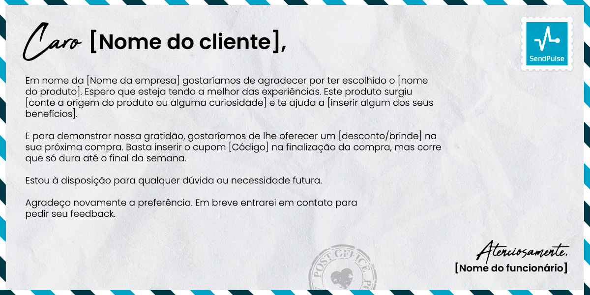 Exemplo de carta de agradecimento para enviar após um cliente comprar seu produto