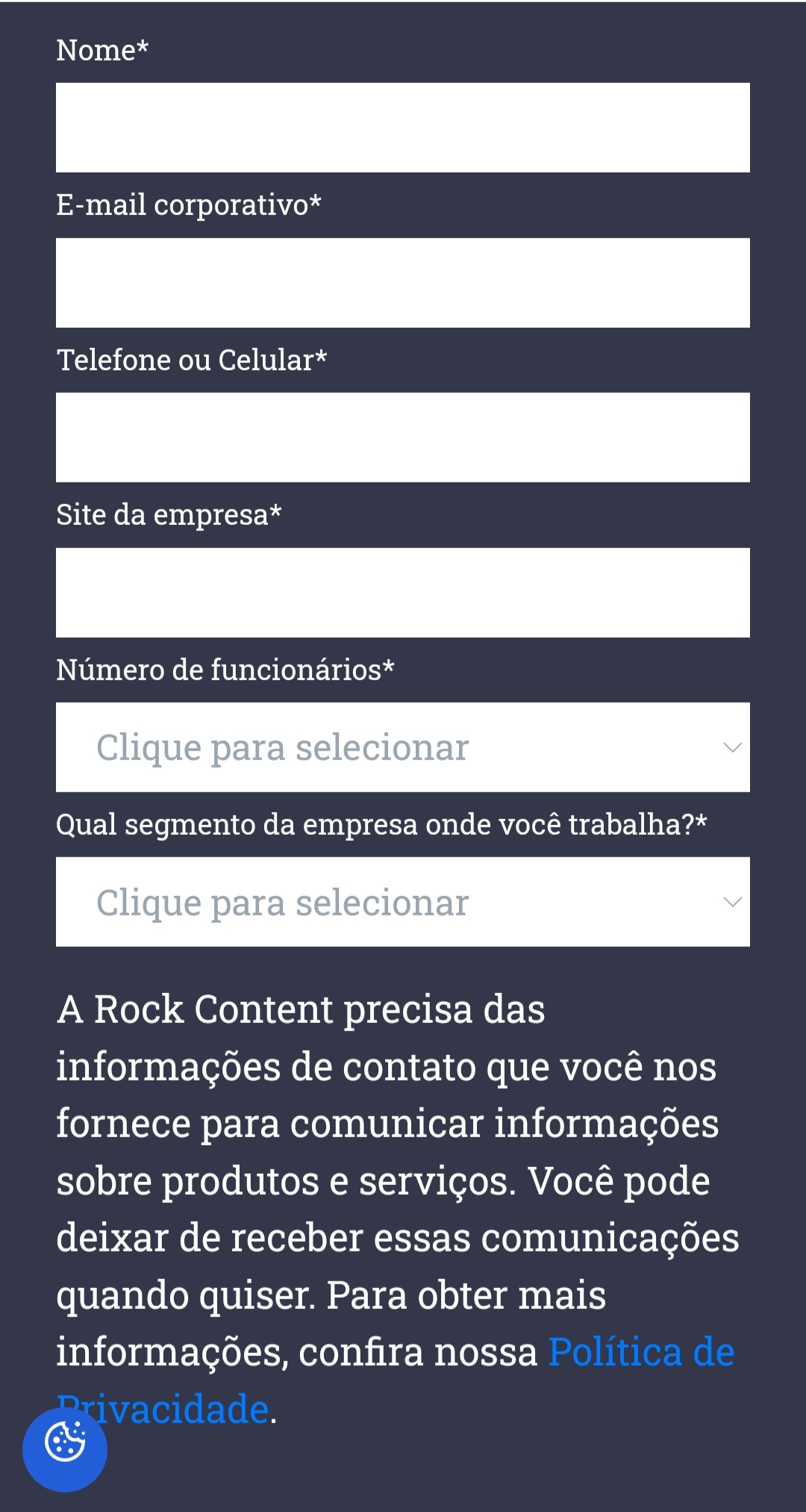 A RockContent oferece um ebook sobre Planejamento de Marketing para 2023 em troca apenas de dados como nome, e-mail corporativo, número de funcionários e segmento da sua empresa.