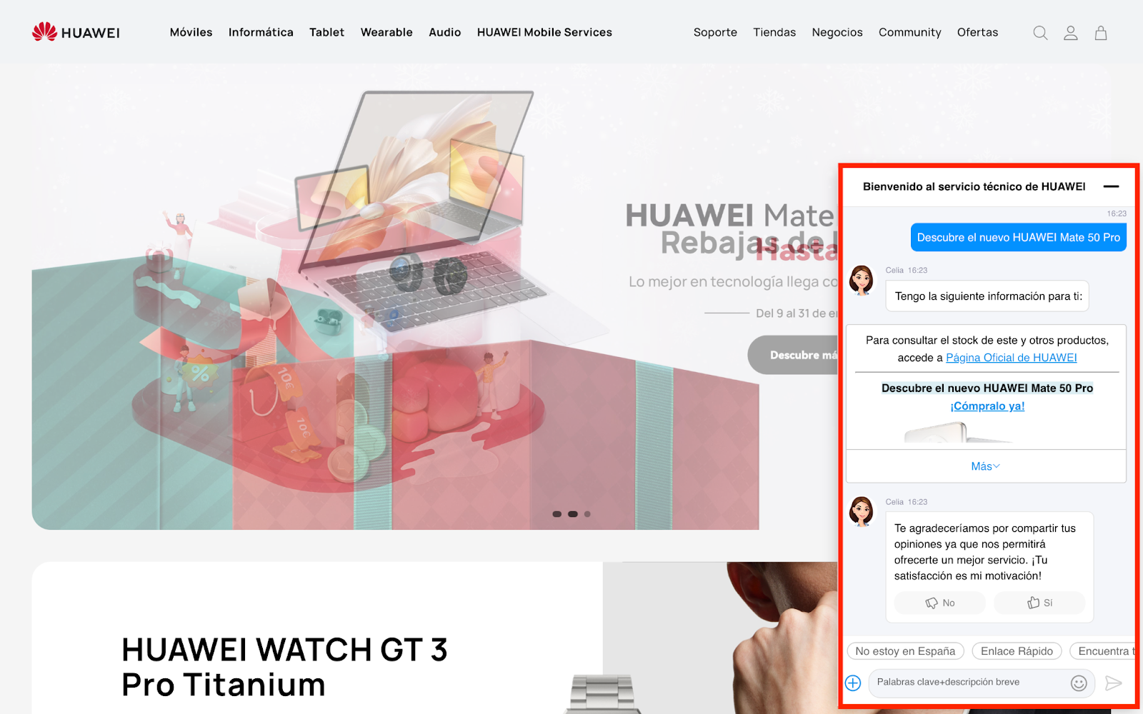 Huawei es otro gran ejemplo de chatbot por sitio web