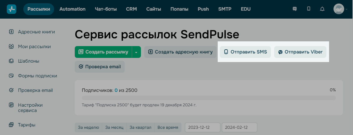 Кнопки отправки SMS и Viber рассылки находятся на главной странице аккаунта SendPulse