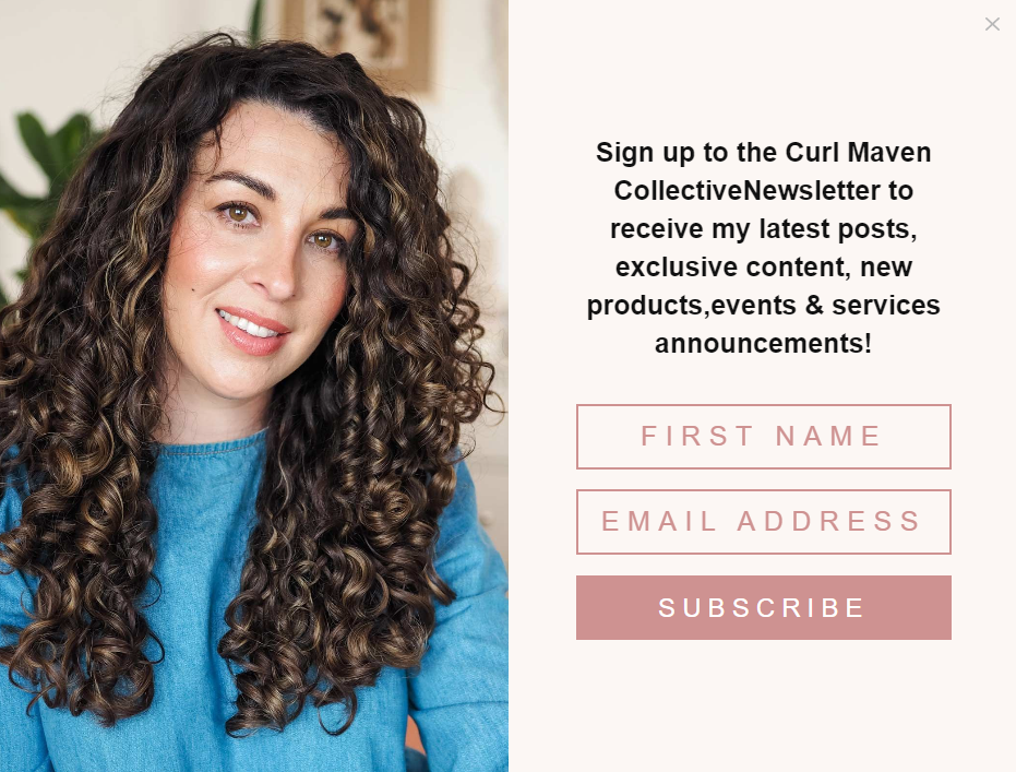 Email попап от Curl Maven с фотографией основательницы бренда — эксперта по уходу за волосами