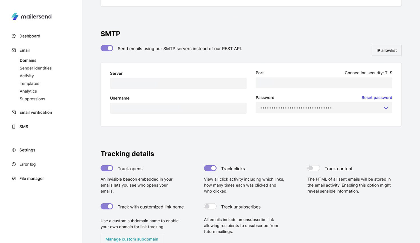 Configuration du relais SMTP ; source : MailerSend