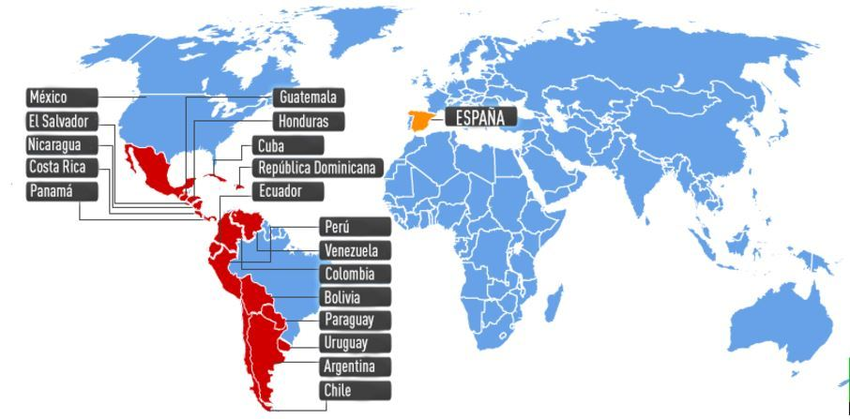 Распространение испанского языка в мире. Источник: CEIP CIUDAD DE NEJAPA