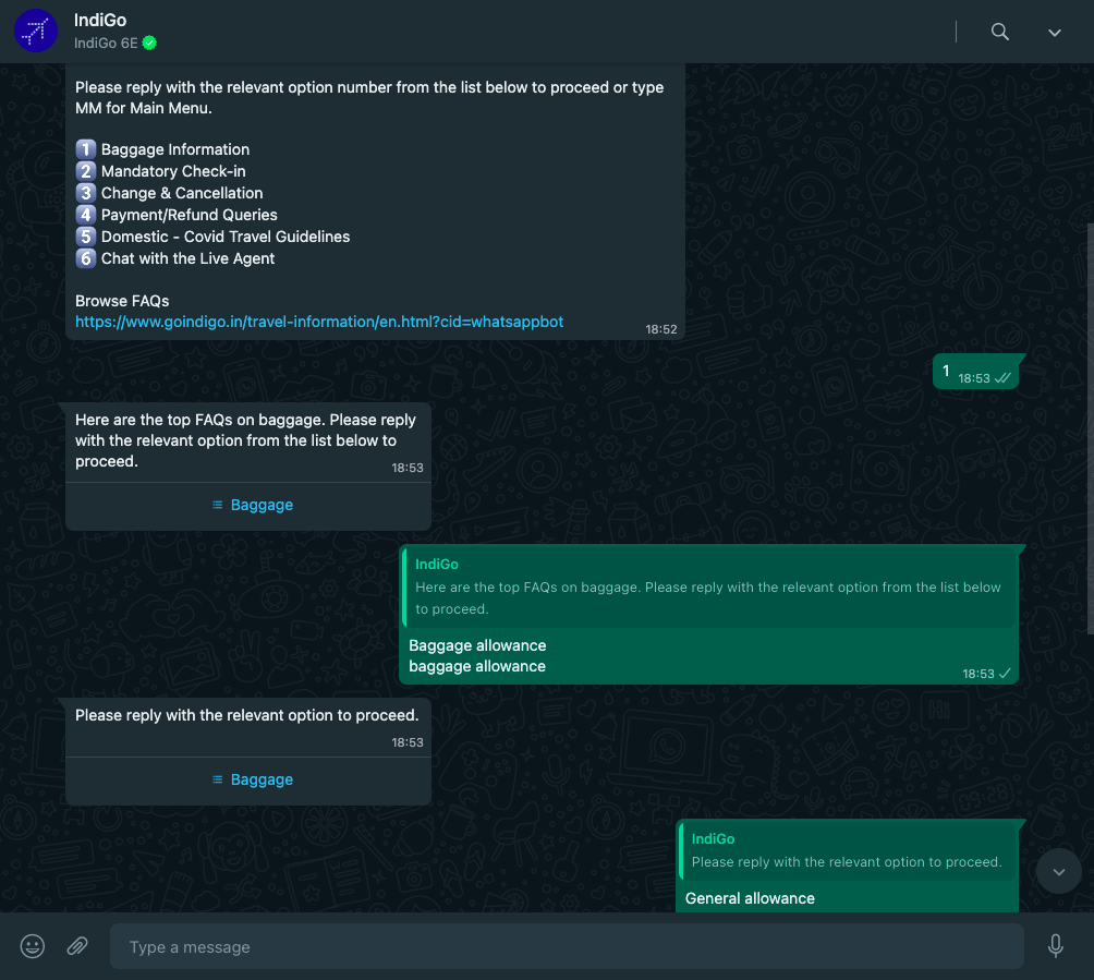 IndiGo WhatsApp service