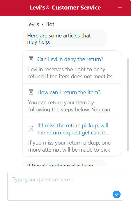 Le chatbot de Levi répond aux FAQ des clients sur leur site de commerce électronique