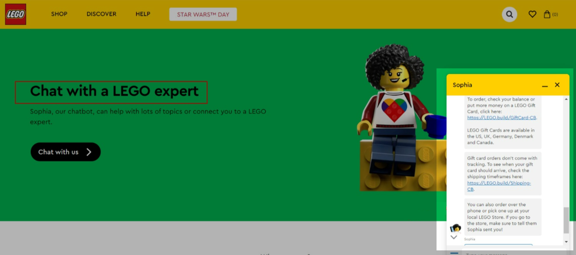 Fenêtre pop-up du chatbot de Lego sur le site de commerce électronique