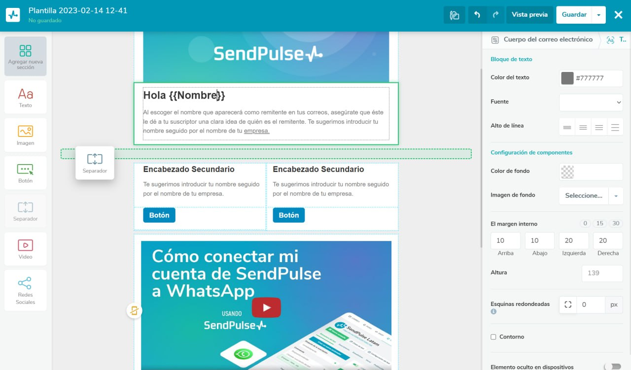 SendPulse te ofrece un editor provechoso para tus campañas de email marketing
