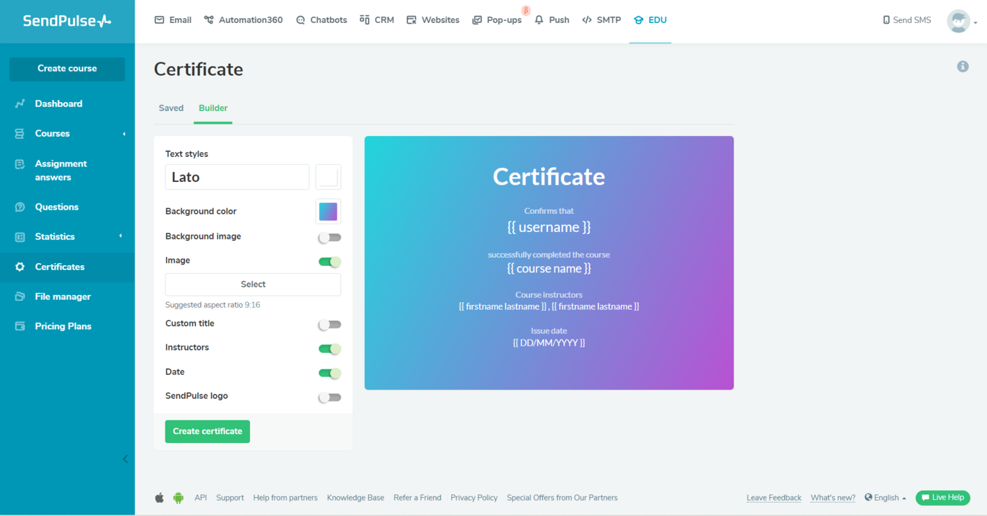 Creating a certificate of completion