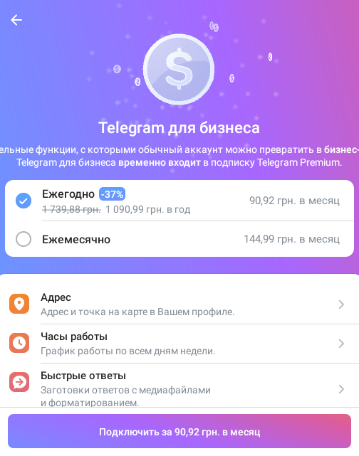 Тарифные планы Telegram