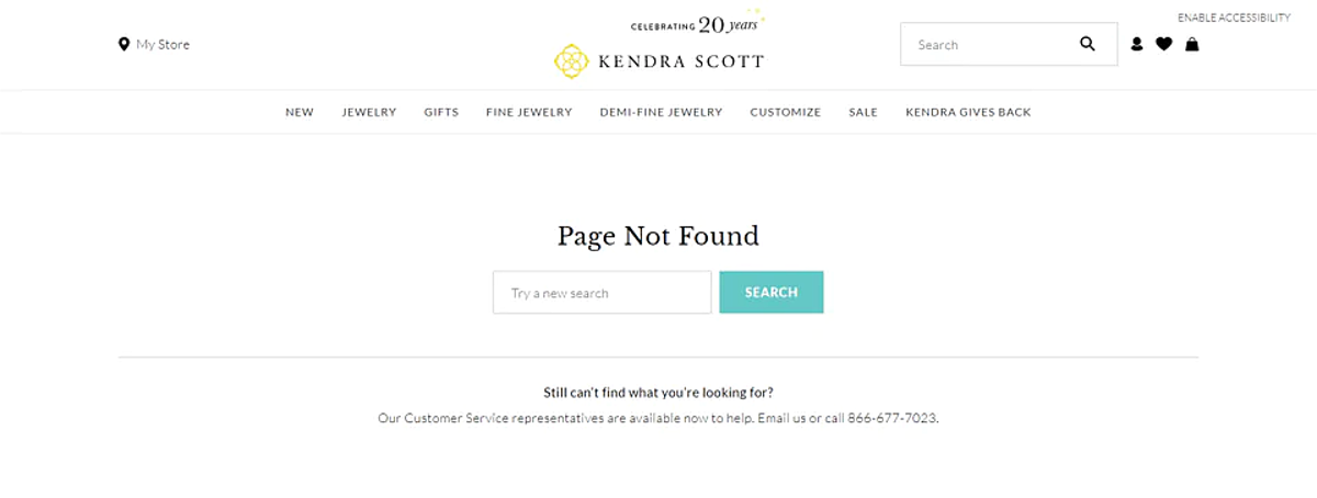 La página de error 404 de Kendra Scott busca facilitar la navegación ante un error