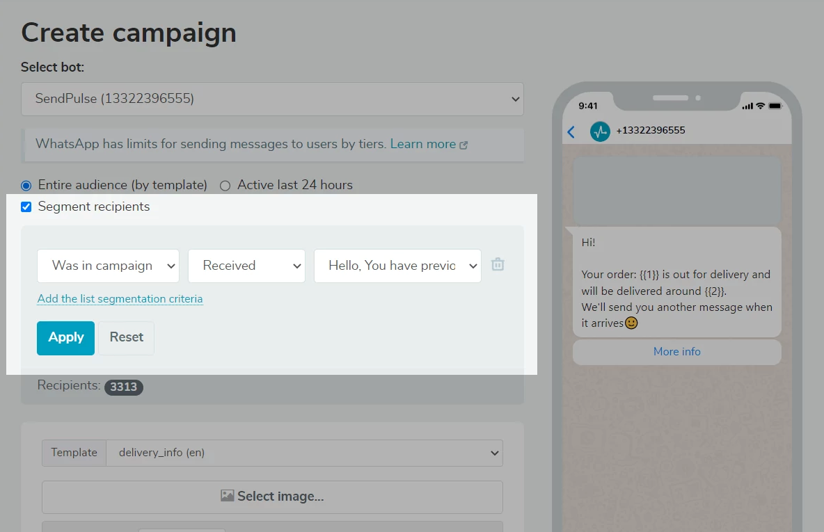 SendPulse’ta WhatsApp yayın alıcılarının segmentasyonu