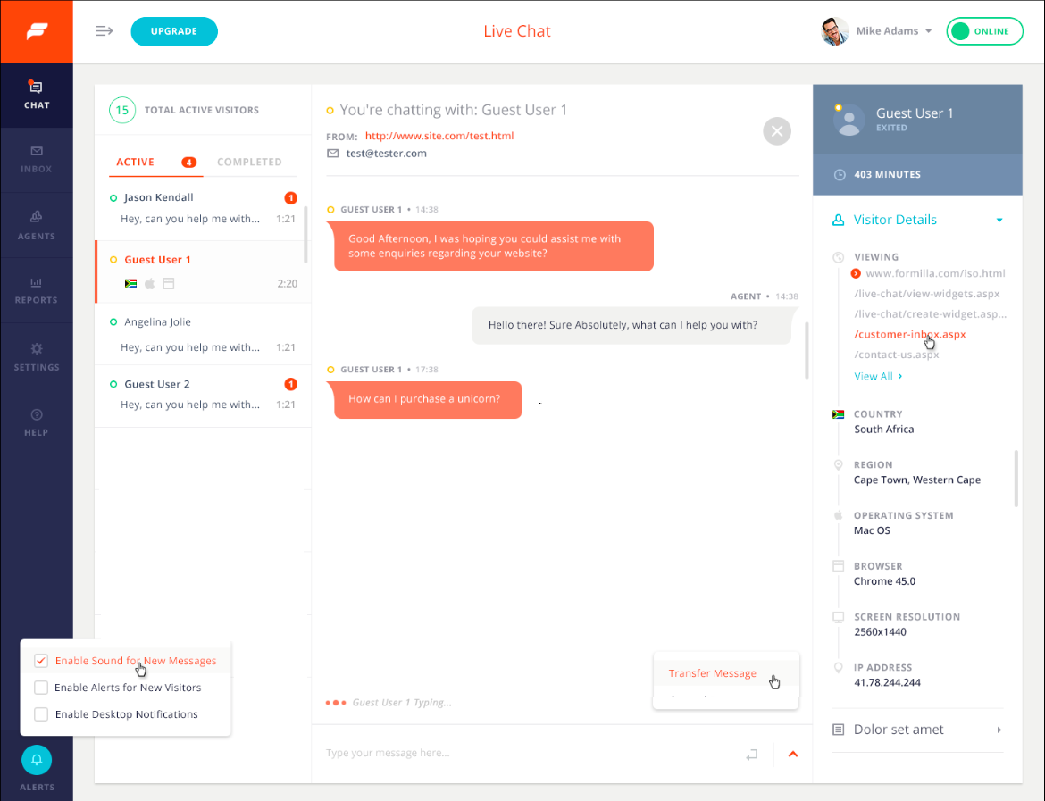 Chats with website visitors