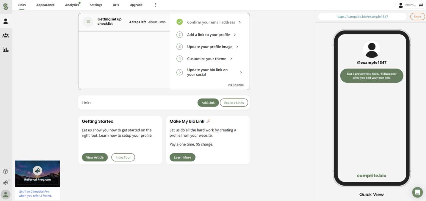 Campsite.bio dashboard 
