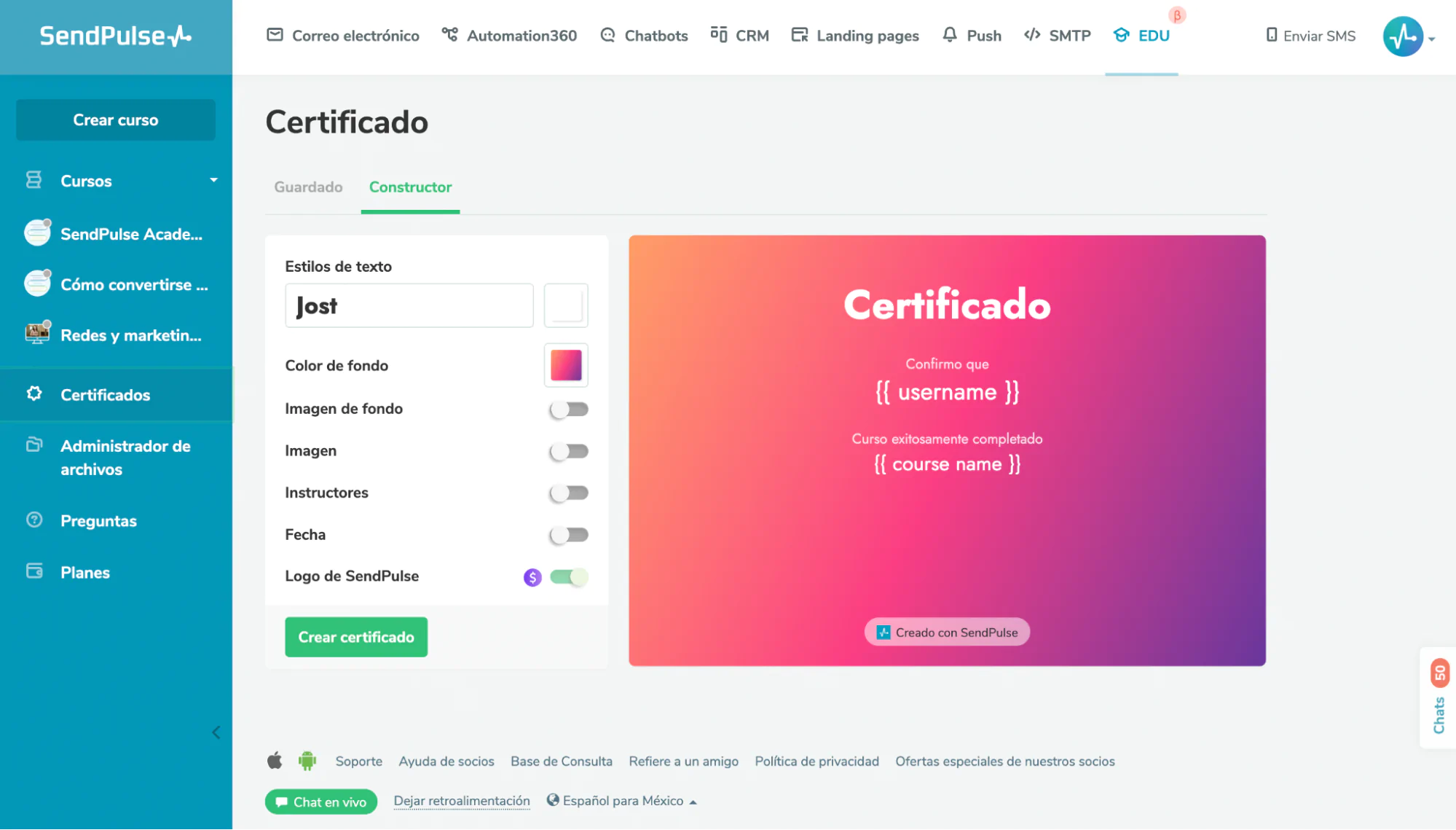 SendPulse te permite hacer certificados de manera automática