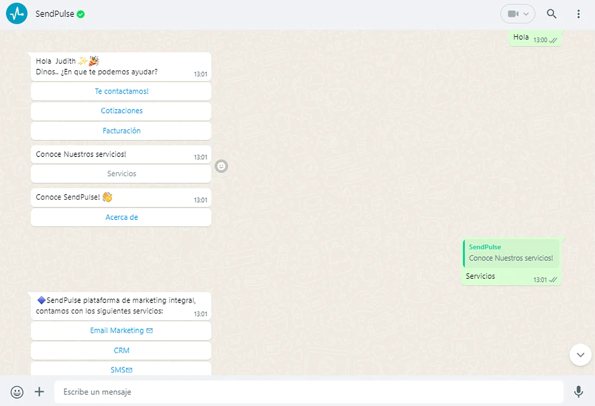SendPulse te ofrece un excelente chatbot para WhatsApp