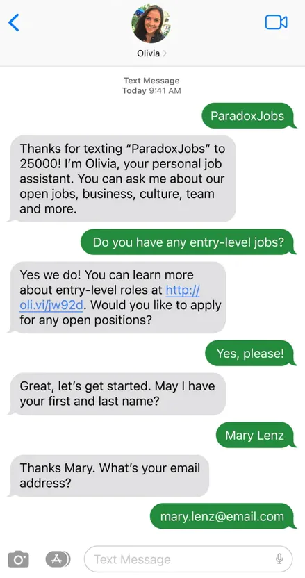 Metin üzerinden işe alım için Paradox AI sohbet botunu kullanma; kaynak: Paradox