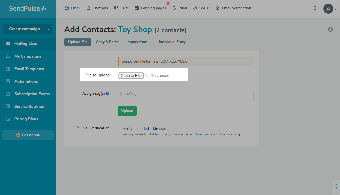 Upload a file with the contacts