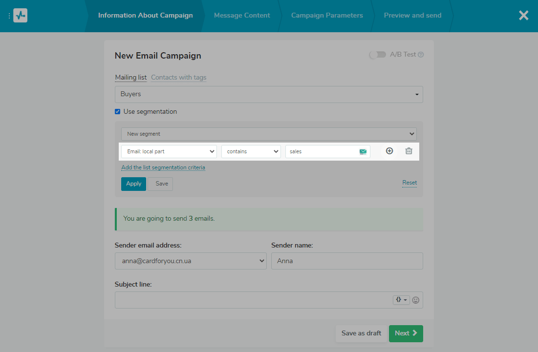Segmentation by a local part of an email address Segmentation by a local part of an email address