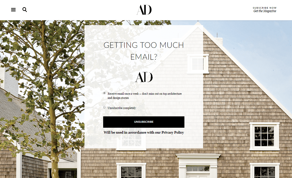 Unsubscribe page by Architectural Digest Unsubscribe page by Architectural Digest
