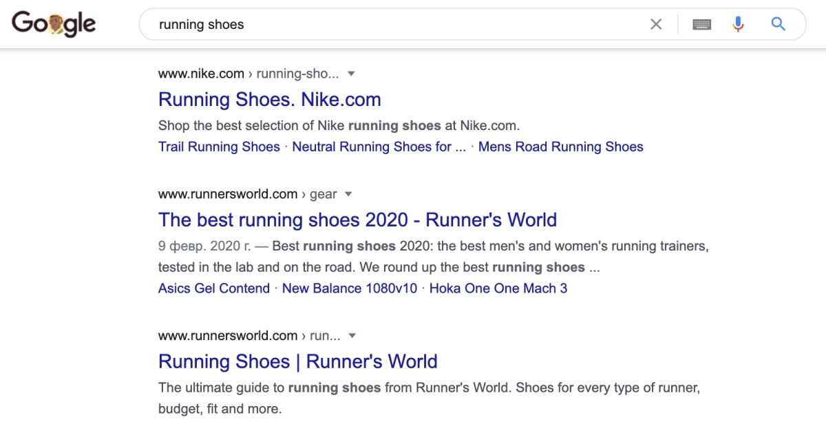 Nike’s website in search results