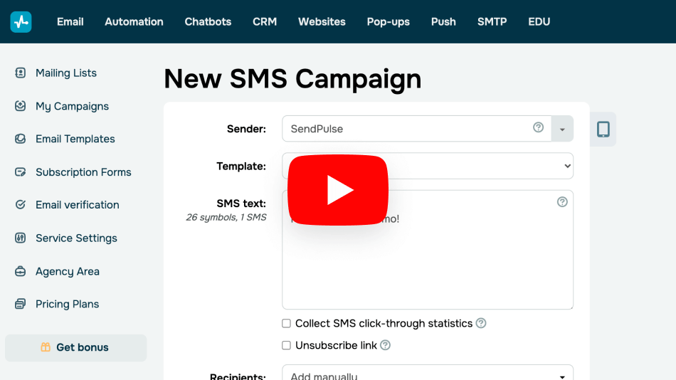 Watch this video for more details on how to send SMS campaigns with SendPulse