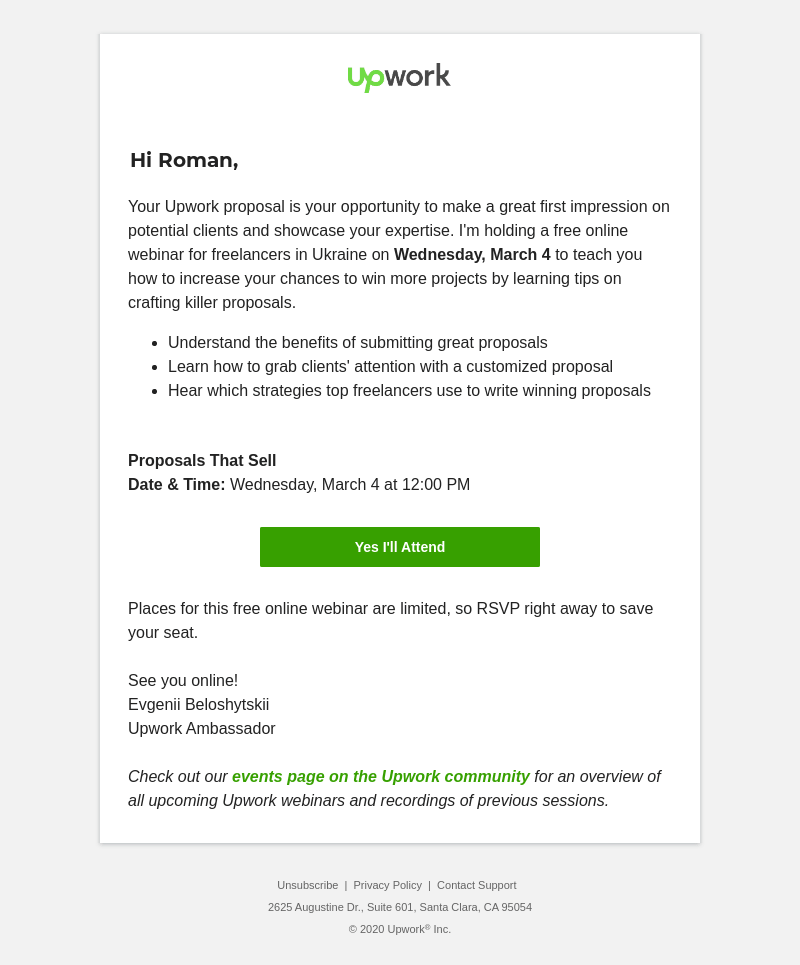 Event reminder email from Upwork