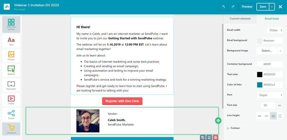 Creating a webinar invitation email with SendPulse