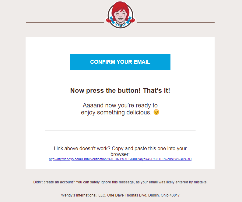 Wendy's confirmation link
